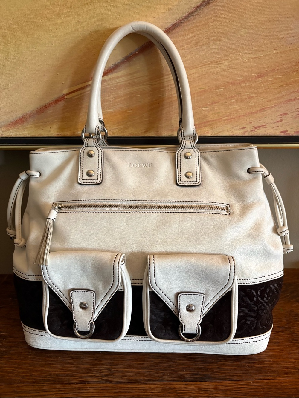 Loewe Anagram White Leather & Brown Canvas Multi-Pocket Satchel Bag Y2K